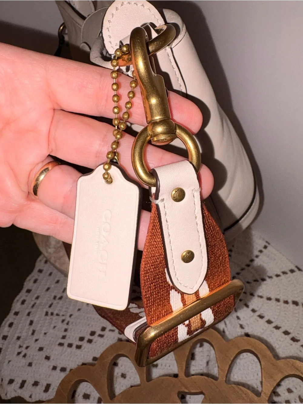 Coach chalk bucket Bag with Brown Patterned Strap and Gold Hardware